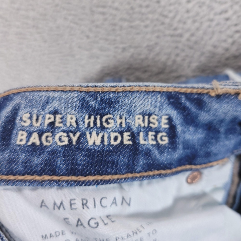 American Eagle Jeans 2 X Short Blue Super High Rise Baggy Wide Leg Distressed - Picture 4 of 10